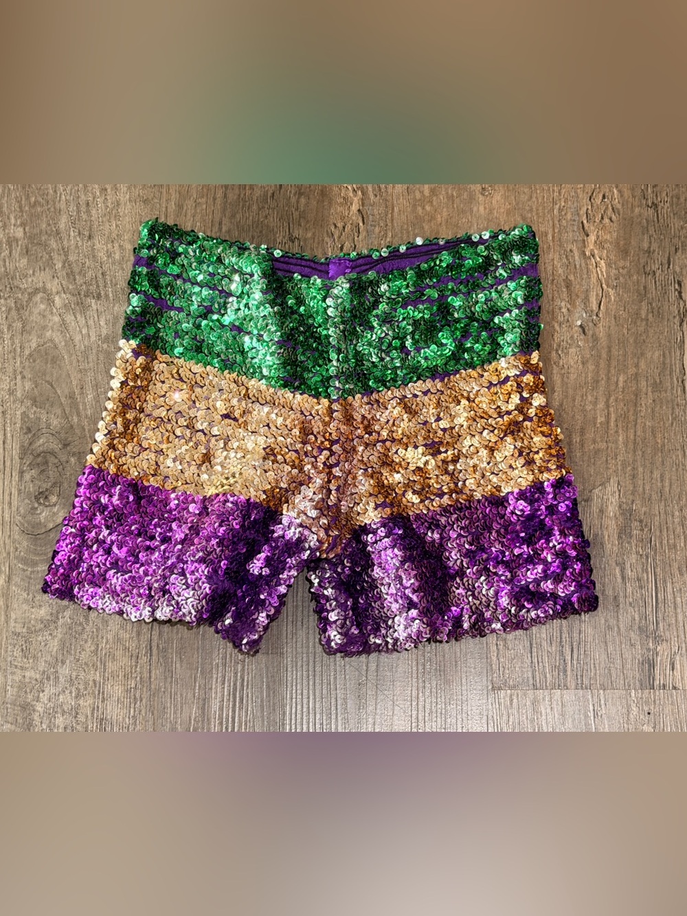 Sequin Stripe Mardi Gras Women's Shorts - Green, Gold & Purple
